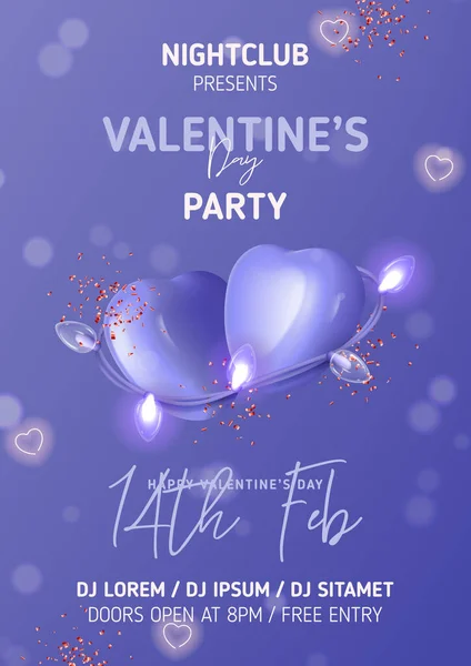 Happy Valentine Day Party Poster Vector Illustration Pair Purple Hearts — Stockvector