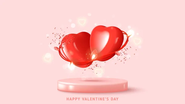 Happy Valentine Day Holiday Banner Vector Illustration Pair Red Hearts — Stock Vector