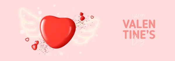 Happy Valentine Day Festbanner Vektorillustration Mit Rosa Herz Neonfarbenen Engelsflügeln — Stockvektor