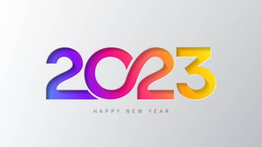 2023 Mutlu Yıllar pankartı. Renkli 2023 sayılı vektör illüstrasyonu modayı takip ediyor. Gri arkaplanda yeni yıl için sembol şablonu.