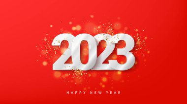 2023 Mutlu Yıllar pankartı. Kırmızı arka planda altın rengi konfeti ve parıltılarla 2023 numaralı gümüş. Yeni yıl bayramı sembolü. Vektör illüstrasyonu.