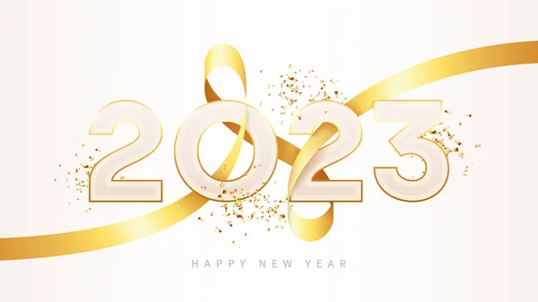 祝您新年快乐 2023年新年象征模板 金黄色斜纹缎带和五彩纸屑 矢量说明 — 图库矢量图片