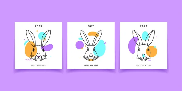 Set 2023 Carte Capodanno Illustrazione Vettoriale Con Conigli Neri Stile — Vettoriale Stock