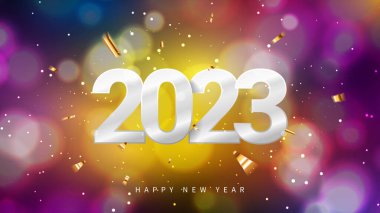 2023 Mutlu Yıllar pankartı. Altın konfeti ve ışıltılarla dolu renkli arka planda 2023 numaralı gümüş. Yeni yıl bayramı sembolü. Vektör illüstrasyonu.