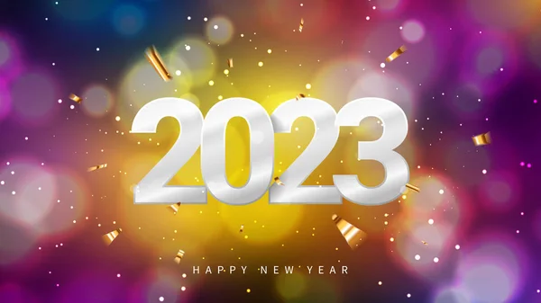 2023 Mutlu Yıllar Pankartı Altın Konfeti Işıltılarla Dolu Renkli Arka — Stok Vektör