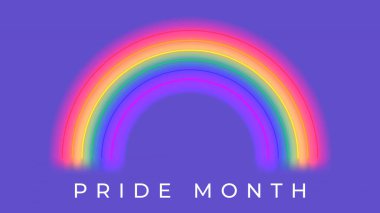 Neon gökkuşağı ile gurur dolu bir ay pankartı. Menekşe arka planında neon gökkuşağı olan vektör çizimi. Gurur ayının sembolü. LGBT tanıtım pankartı kavramı.