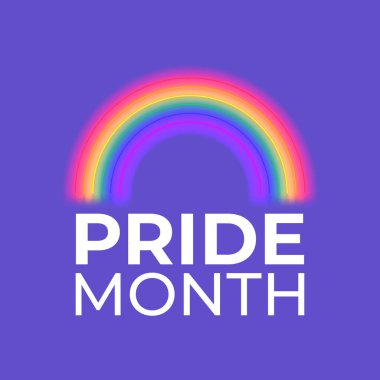 Neon gökkuşağı ile gurur dolu bir ay kartı konsepti. Menekşe arka planında neon gökkuşağı olan vektör çizimi. Gurur ayının sembolü. LGBT tanıtım pankartı kavramı.