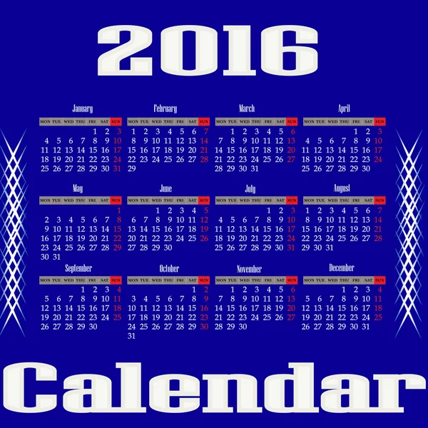 Calendario per 2016 anno — Vettoriale Stock