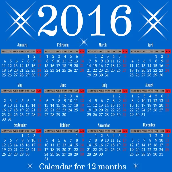 Calendar for2016 year — Stock Vector