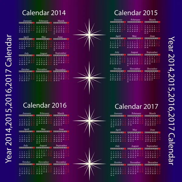 Year 2014,2015,2016,2017 Calendar — Stock Vector