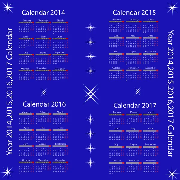 Year 2014,2015,2016,2017 Calendar — Stock Vector