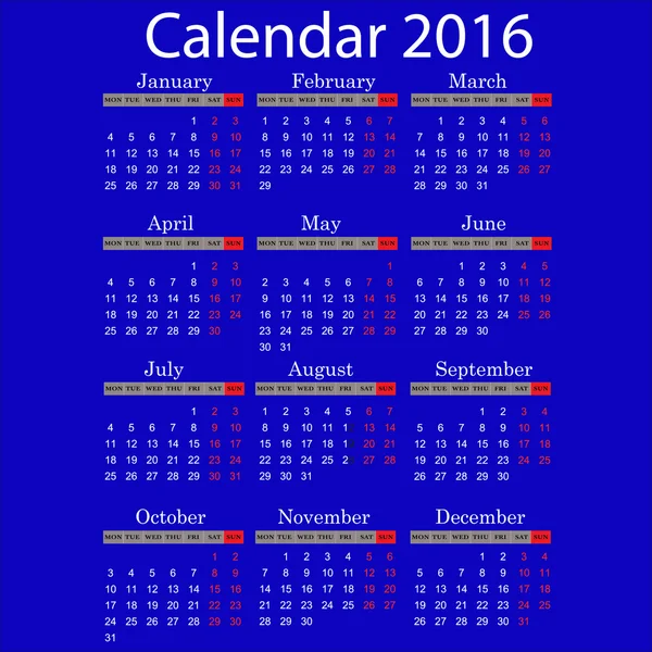 Calendário para 2016 ano — Vetor de Stock