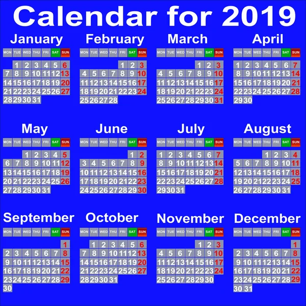 Calendario per l'anno 2019 . — Vettoriale Stock