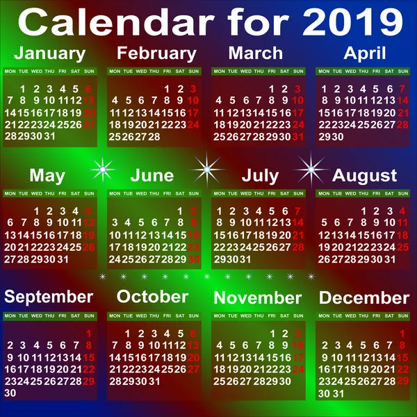 Kalender voor 2019 jaar. — Stockvector