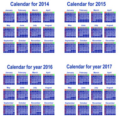 2014,2015,2016,2017 yıl için takvim.