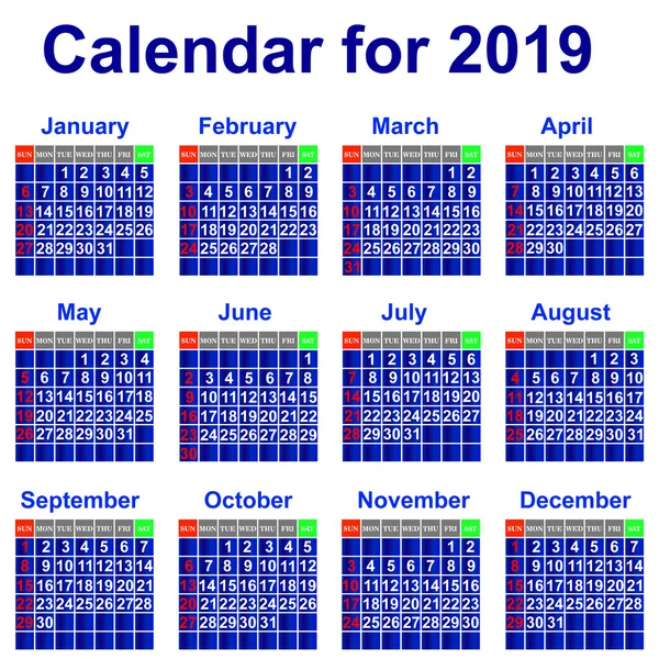 Calendario per l'anno 2019 . — Vettoriale Stock