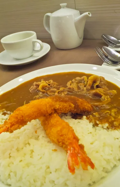 Japanese Curry rice with pork and shrimp or Ebi Tempura — Stock Photo, Image