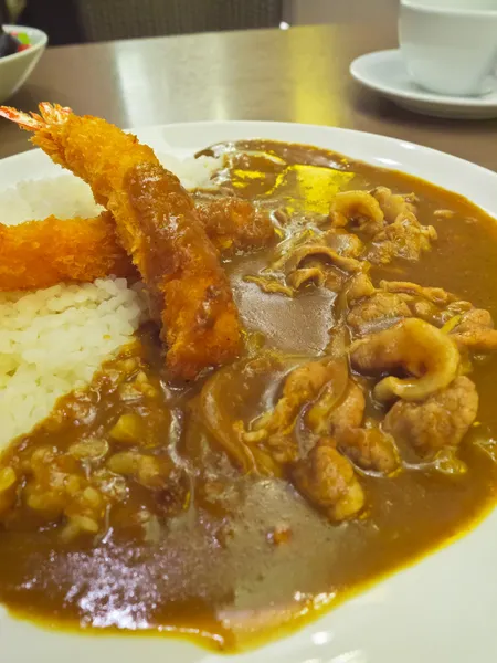 Japonský kari rýže s vepřovým a krevety nebo ebi tempura — Stock fotografie