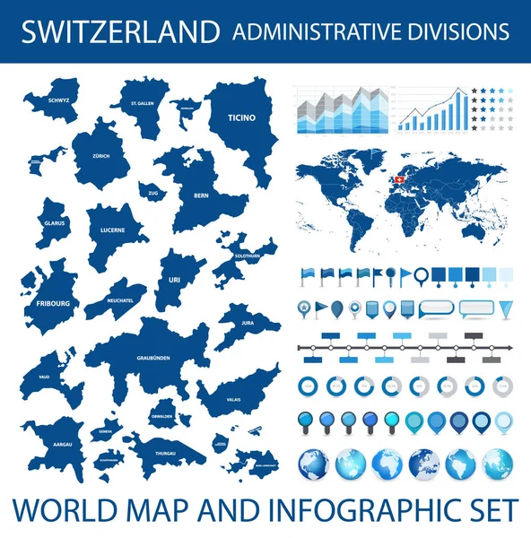 Switzerland State Administrative Divisions World Map Infographic Set — Stock Vector