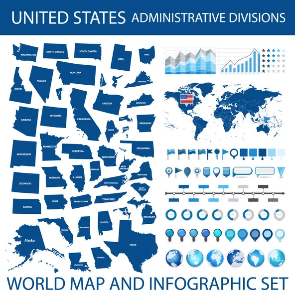 États Unis Divisions Administratives Carte Monde Infographie Ensemble — Image vectorielle