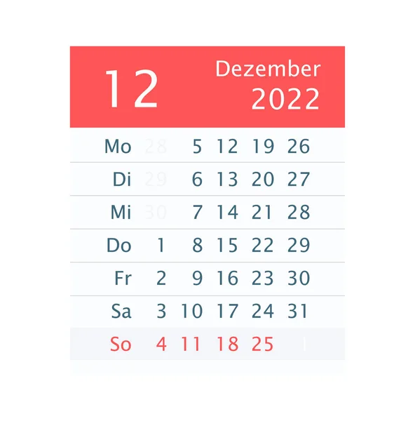 2022 Grudzień Kalendarz Miesiąca Wersja Niemiecka Płaska Konstrukcja Odizolowane Biało — Wektor stockowy