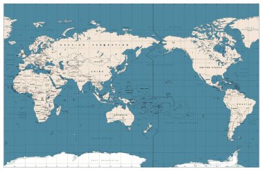 Pasifik merkezli Dünya Haritası Vintage Rengi. Ülkeler ve başkentler, şehirler, sınırlar ve su nesneleri, devlet ana hatları. Ayrıntılı Dünya Haritası vektör çizimi.