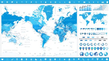 Amerika Merkezi Dünya Haritası ve bilgi elementleri. Haritanın ayrıntılı vektör çizimi.