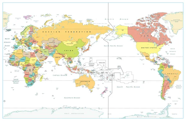 Pacific Center World Colored Map Isolado Branco Países Capitais Cidades —  Vetores de Stock