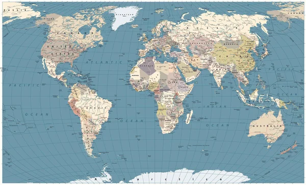 Retro Renk Dünya Haritası Sınırlar Ülkeler Yollar Şehirler Ayrıntılı Dünya — Stok Vektör