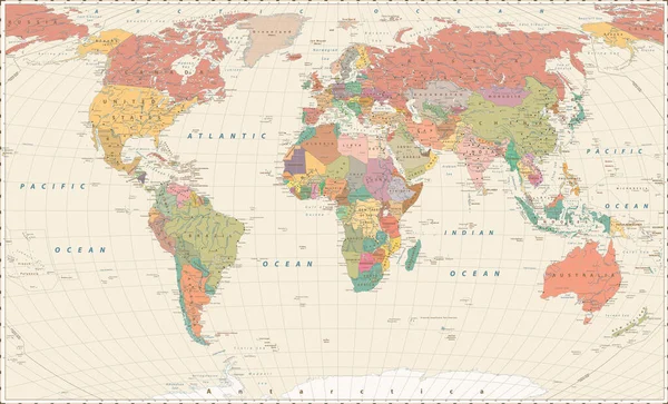 Vintage World Map Gran Ilustración Detallada Del Vector Del Mapa — Vector de stock