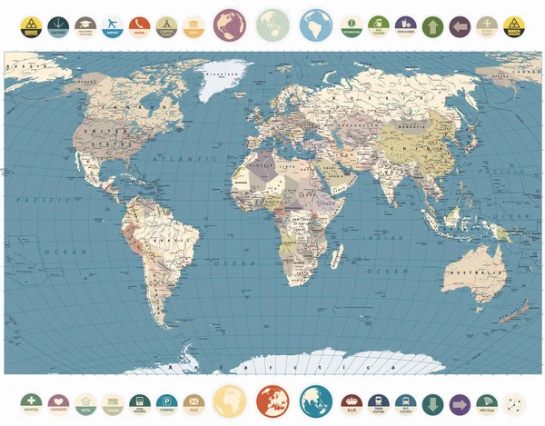 复古色彩世界地图及圆形平面图标 详细的世界地图矢量图解 — 图库矢量图片
