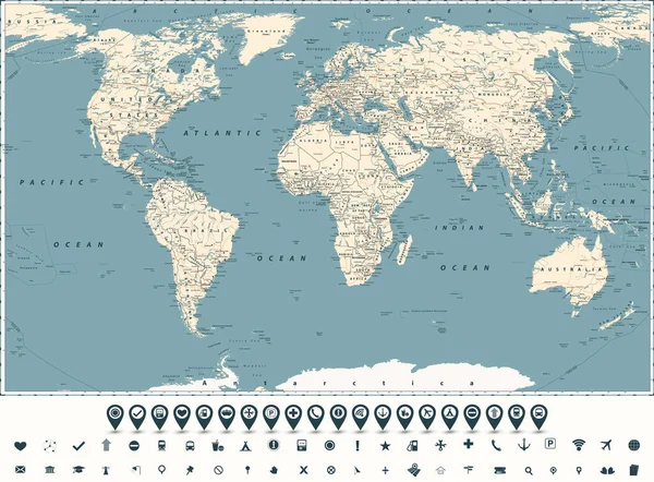 Retro Dünya Haritası Ana Eyalet Karayolları Şaretleri Büyük Ayrıntılı Dünya — Stok Vektör
