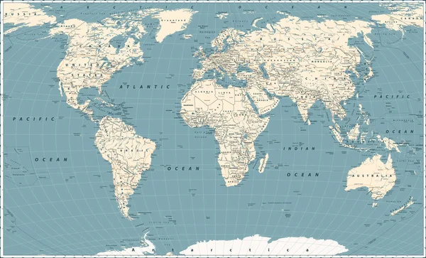 Retro World Map Και Κεντρικοί Κρατικοί Δρόμοι Μεγάλες Λεπτομερείς World — Διανυσματικό Αρχείο