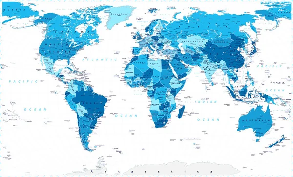 Μπλε Παγκόσμιος Χάρτης Μεγάλες Λεπτομερείς World Map Διανυσματική Απεικόνιση — Διανυσματικό Αρχείο