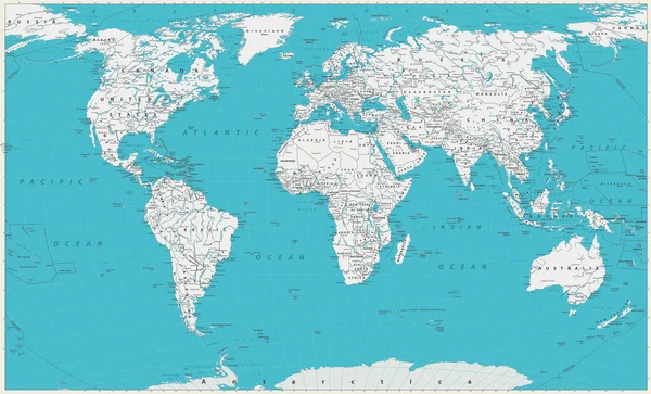 Παγκόσμιος Χάρτης Παλιά Χρώματα Σύνορα Χώρες Και Πόλεις Λεπτομερής Απεικόνιση — Διανυσματικό Αρχείο