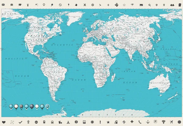 Mapa Del Mundo Colores Vintage Marcadores Mapa Ilustración Detallada Del — Archivo Imágenes Vectoriales