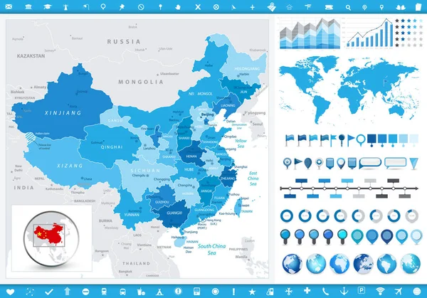 Čína Mapa Infografické Prvky Detailní Vektorová Ilustrace Mapy — Stockový vektor