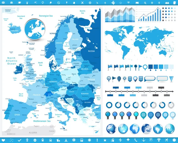 欧洲地图和信息要素 地图的详细矢量说明 — 图库矢量图片