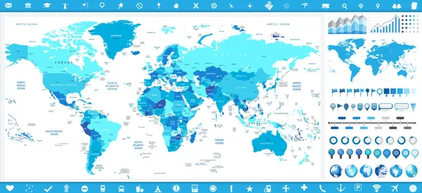 世界地図青とインフォグラフィック要素の色で 地図の詳細なベクトル図 — ストックベクタ