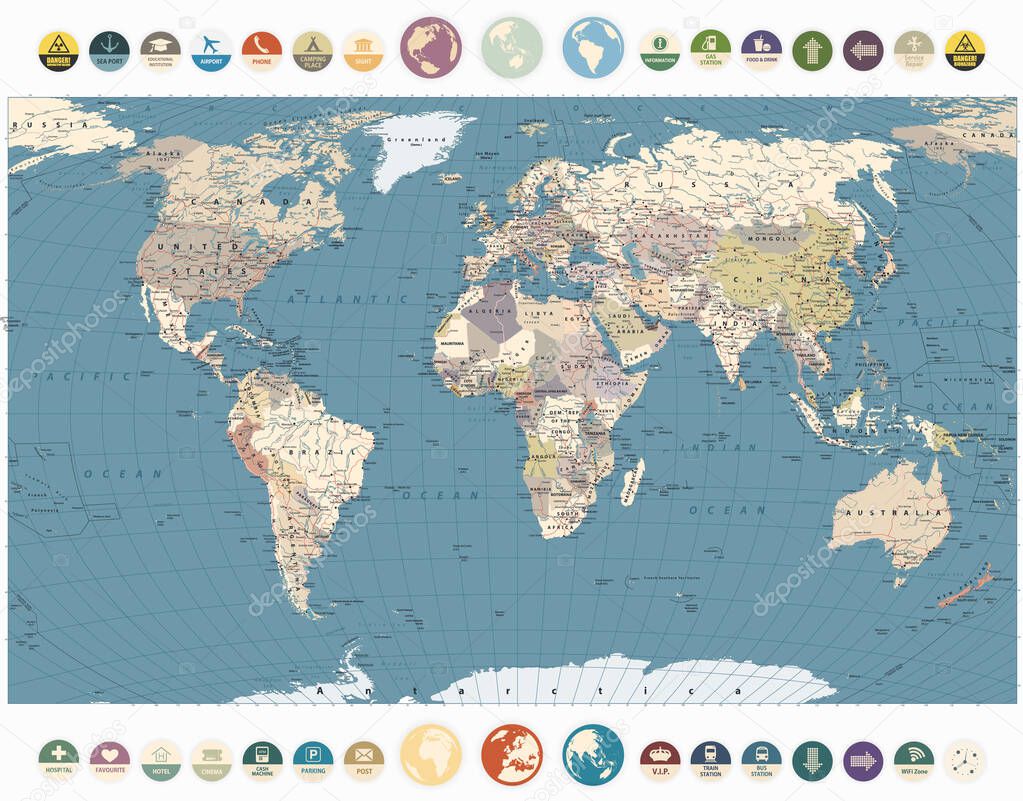 Retro Color World Map and Round Flat Icons. Detailed World Map vector illustration.