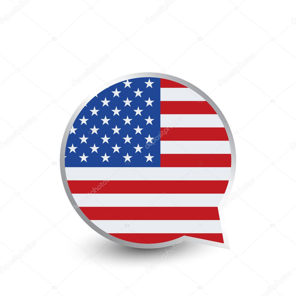 Flat sticker in a speech bubble shape with USA flag. Vector illustration.