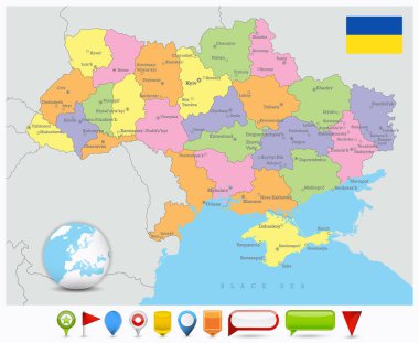 Ukrayna haritası ve 3 boyutlu parlak simgeler. Vektör illüstrasyonu.