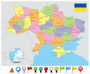 Ukrayna haritası ve GPS parlak yol simgeleri. Vektör illüstrasyonu.