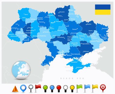 Mavi renkli Ukrayna haritası ve renkli GPS parlak yol simgeleri. Vektör illüstrasyonu.
