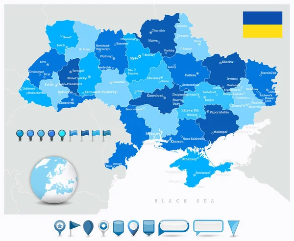Ucrania Mapa Ciudades Regiones Iconos Mapa Brillantes Ilustración Vectorial — Vector de stock