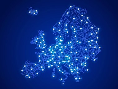 Avrupa 'nın parlayan iletişim ağı haritası. Küresel bir haritanın düşük poli görüntüsünü yıldız ve uzay şeklinde noktalar ve şekillerden oluşan şehirler şeklinde veya nüfus yoğunluğundaki ışıklarla taşıyın.