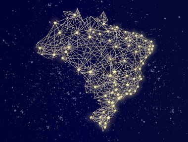 Gece gökyüzünde parlayan Brezilya haritası. Soyut vektör illüstrasyonu.