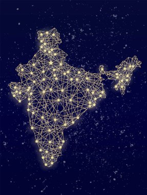Glowing map of India on the night sky. Abstract vector illustration.
