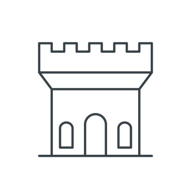 Kale kulesi ince çizgi ikonu. Web siteleri, web tasarımı, mobil uygulama, bilgi grafikleri için basit simge ögesi. Web sitesi tasarımı ve geliştirilmesi için ince satır simgesi, beyaz arkaplanda uygulama geliştirme
