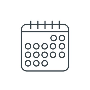 Takvim ince çizgi simgesi. Web siteleri, web tasarımı, mobil uygulama, bilgi grafikleri için basit simge ögesi. Web sitesi tasarımı ve geliştirilmesi için ince satır simgesi, beyaz arkaplanda uygulama geliştirme